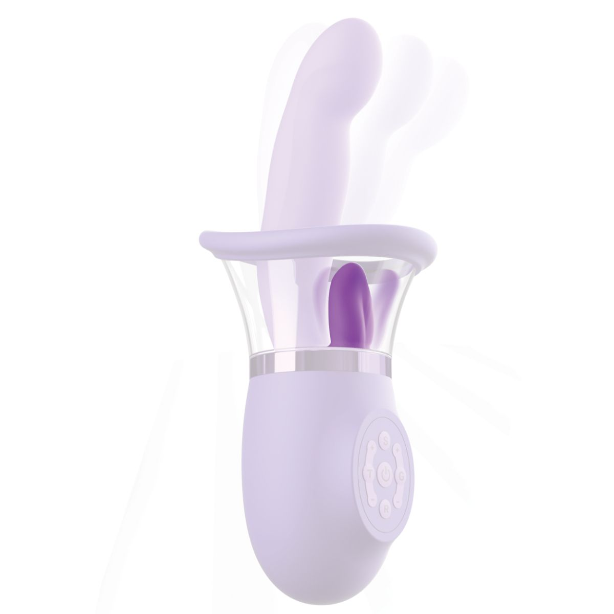 Lila Vibrator mit transparentem Kragen und silbernem Ring, weiße Geisterbilder zeigen Bewegung.