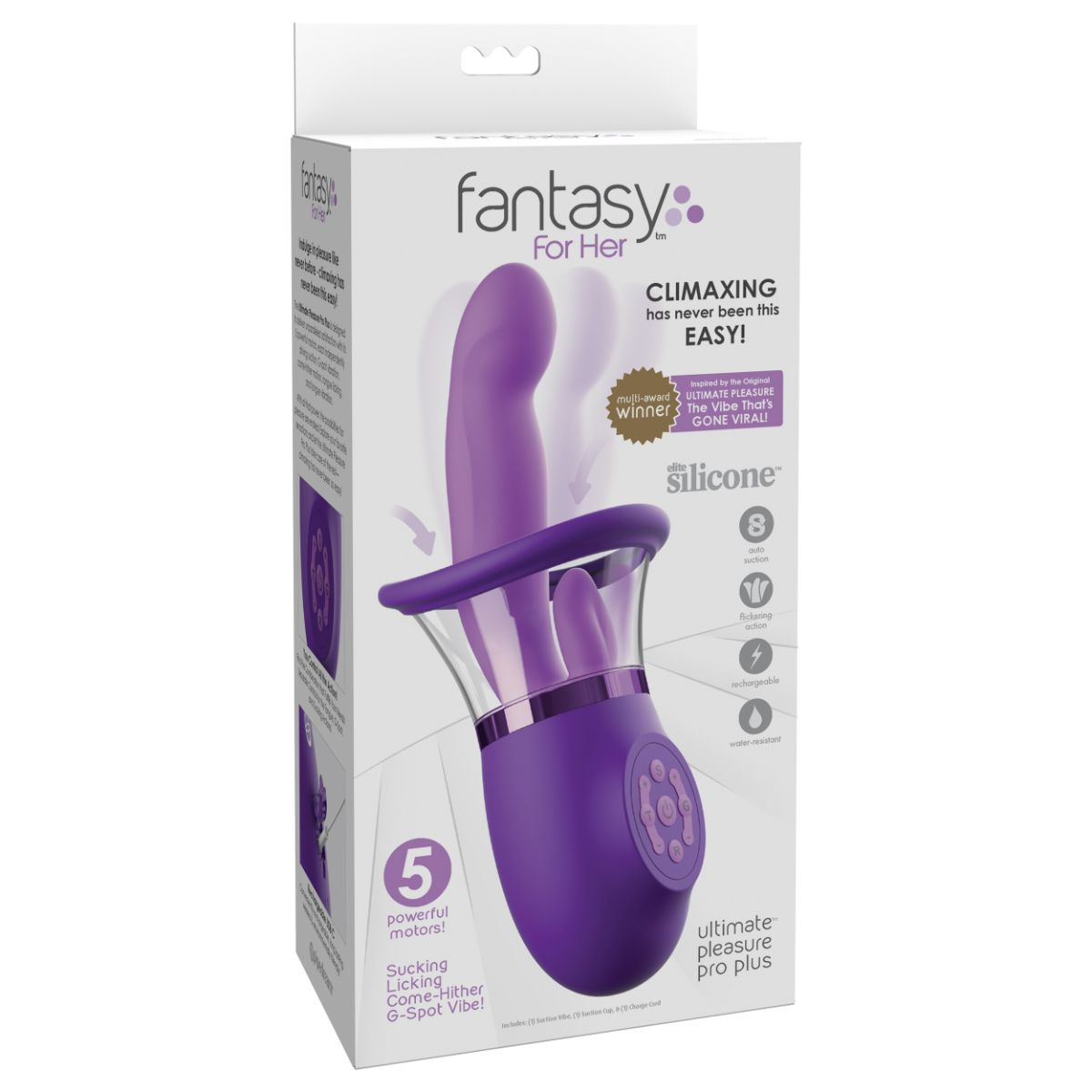 Lila Vibrator auf Verpackung mit Text: CLIMAXING has never been this EASY!