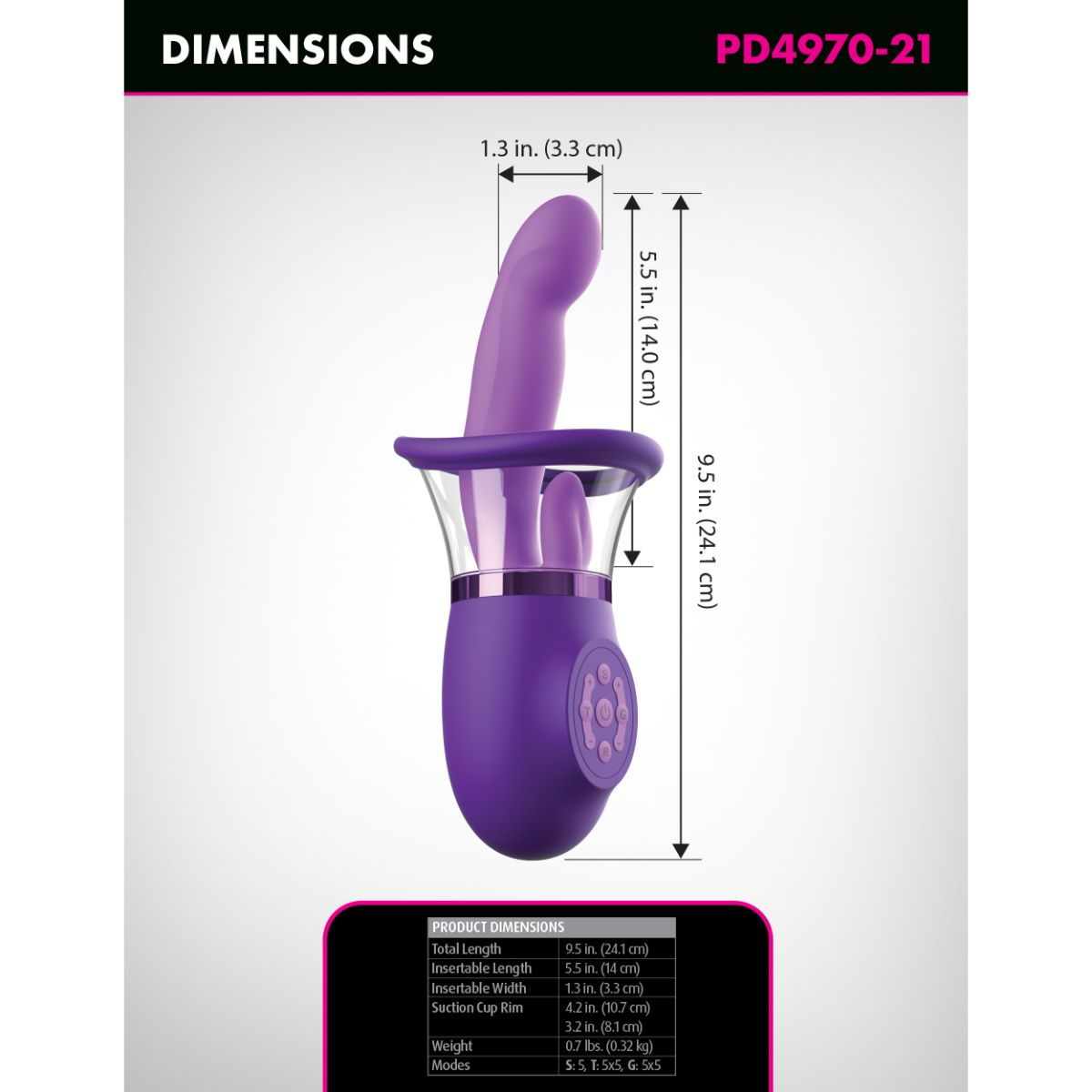 Lila Vibrator mit Saugfuß, Maße: 24,1 cm Gesamtlänge.