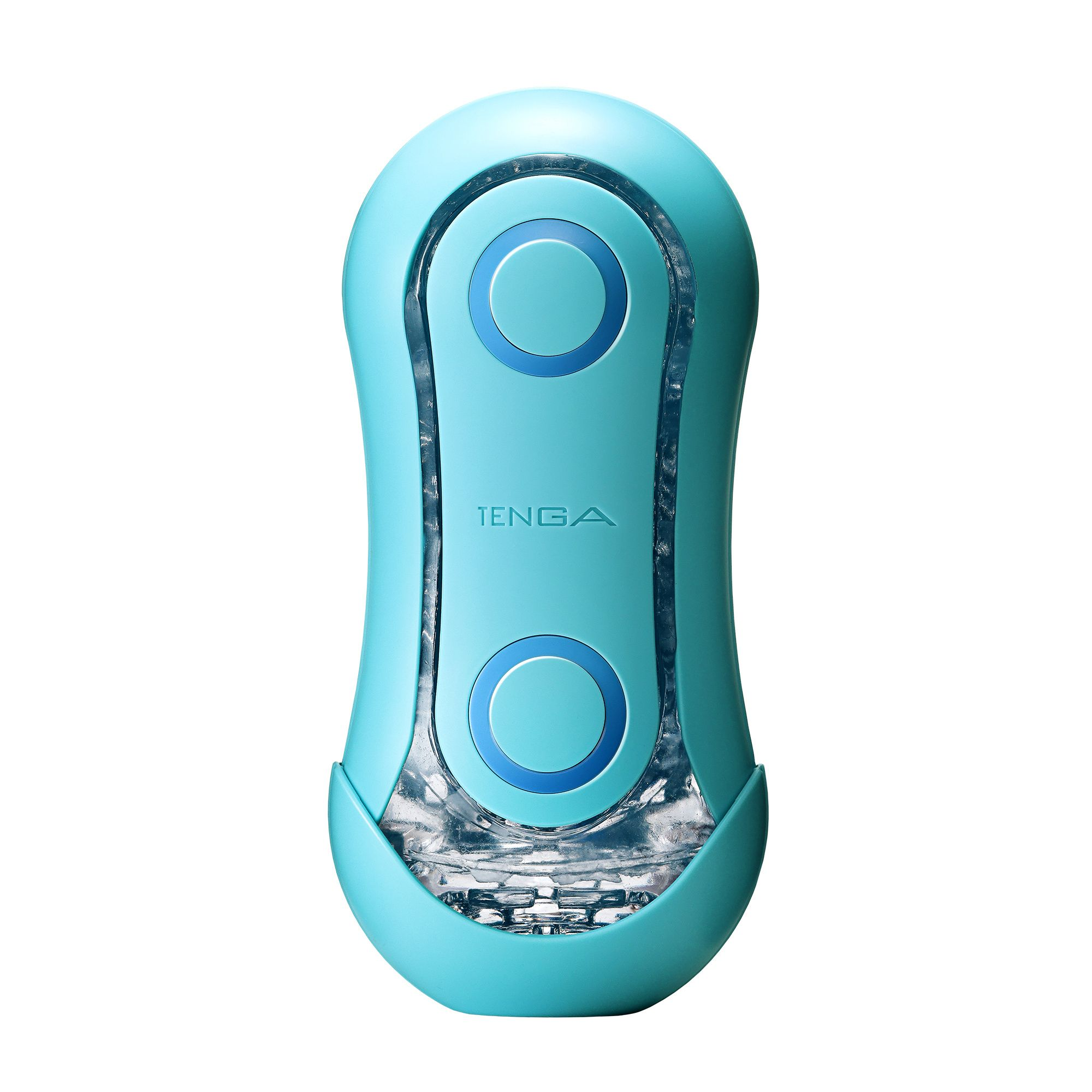 Ein türkisfarbener TENGA-Vibrator mit zwei blauen Knöpfen und klaren Einsätzen.