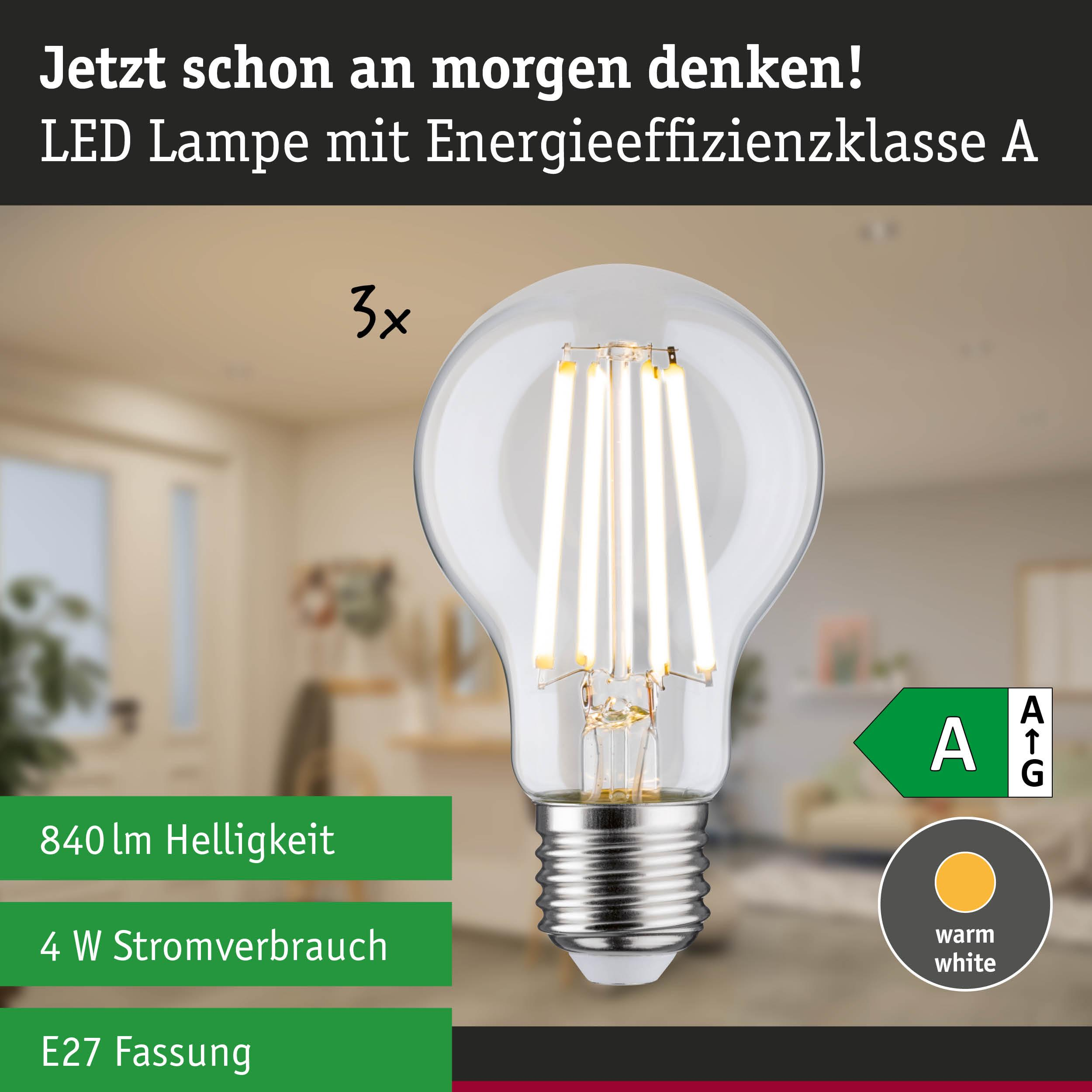 LED-Lampe mit Energieeffizienzklasse A, 840 lm, 4 W, E27-Fassung, warmweiß.