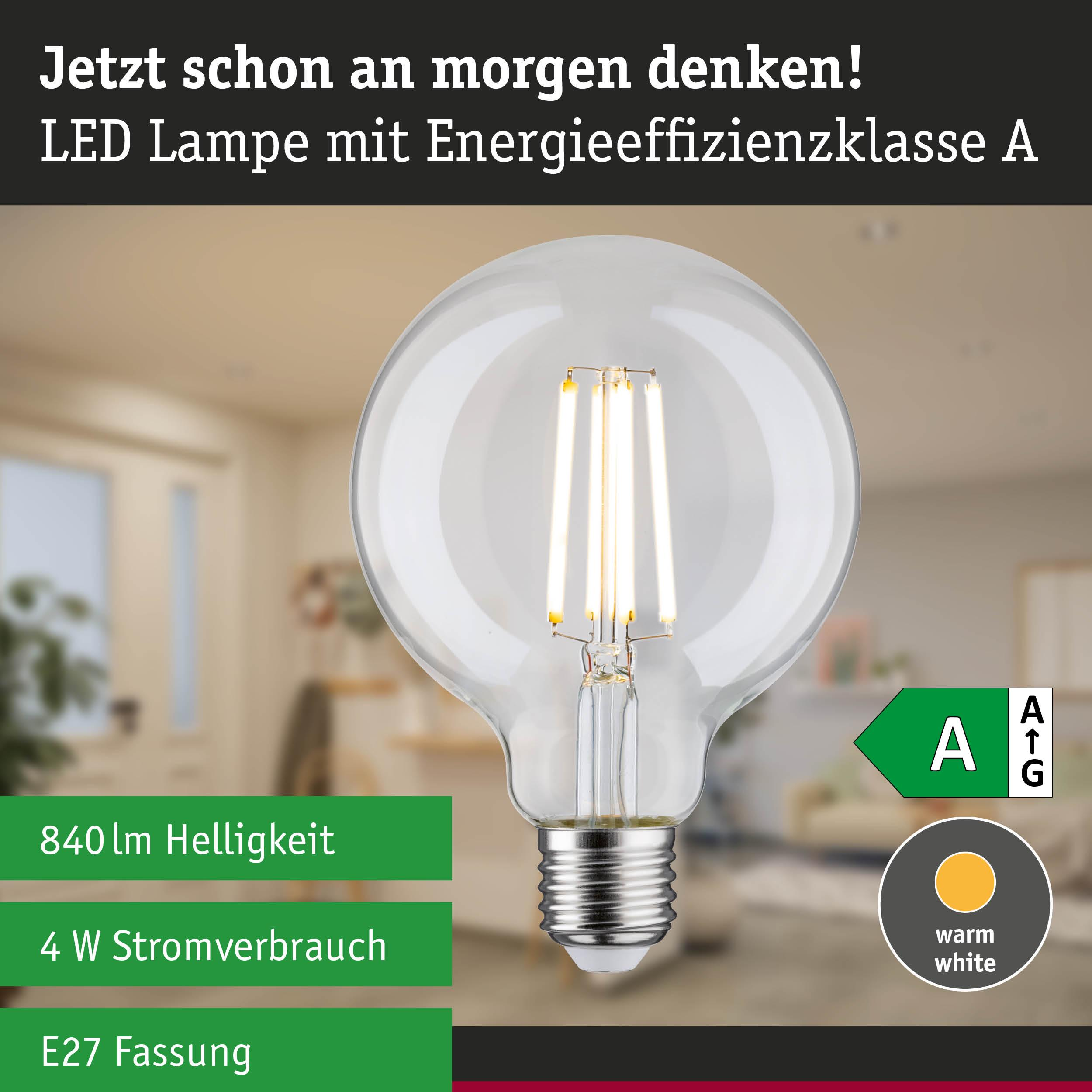 LED-Lampe mit E27-Fassung, 840 lm, 4 W, Energieeffizienz A, warmweiß.