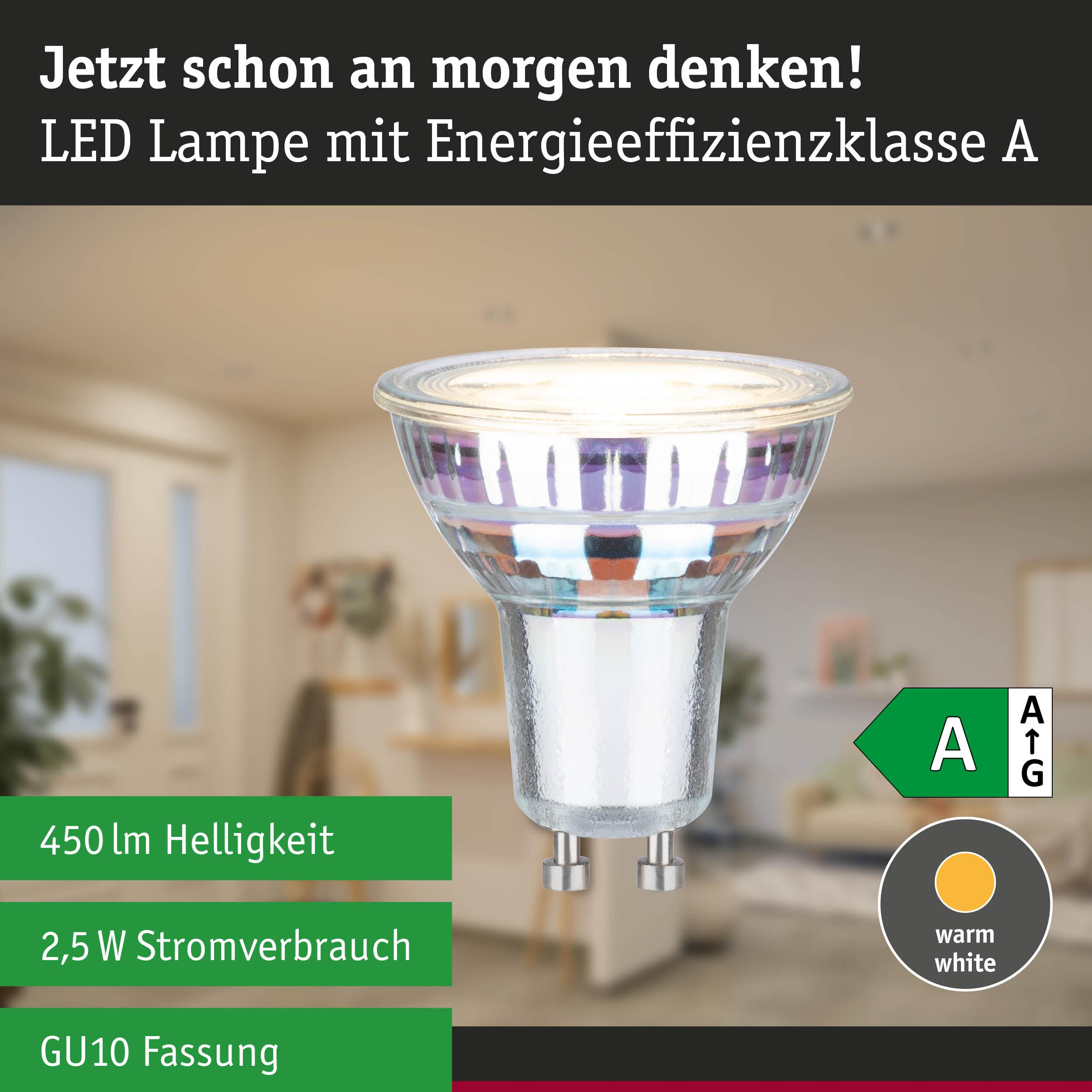 Eine LED-Lampe mit GU10 Fassung, Energieeffizienz A, 450 lm, 2,5 W, warmweiß.
