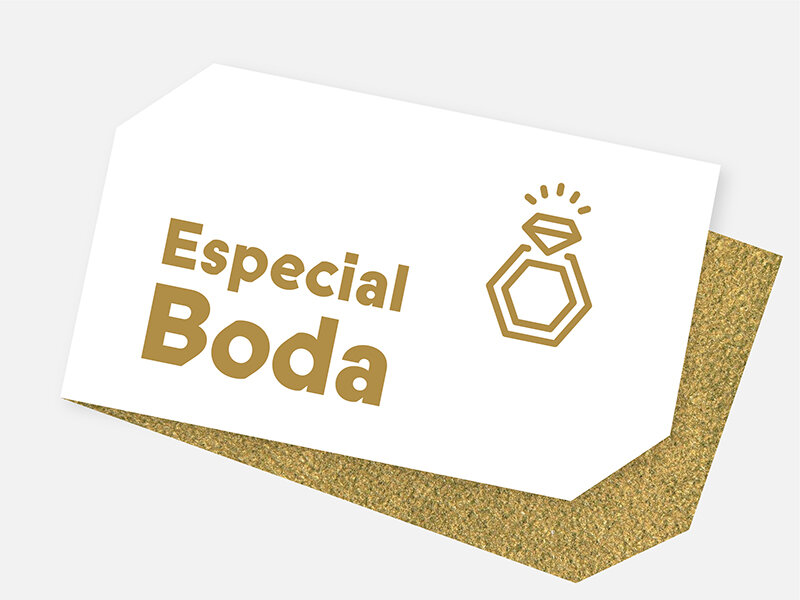 Una tarjeta blanca con texto dorado 'Especial Boda' y un gráfico de anillo.