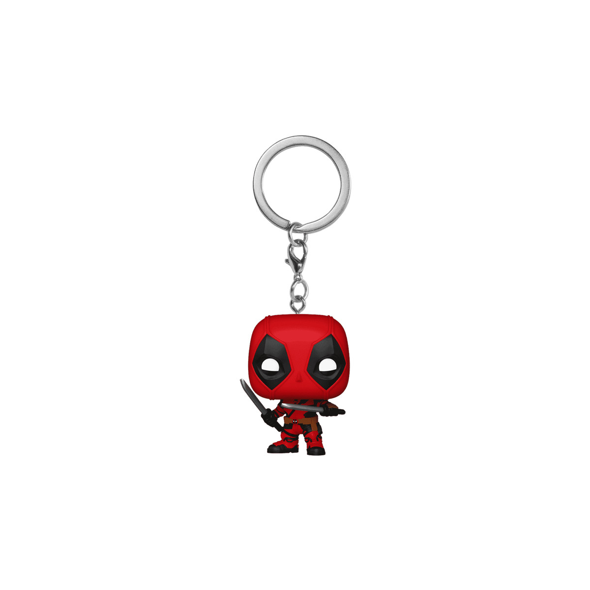 Un llavero de Deadpool con diseño rojo y negro.