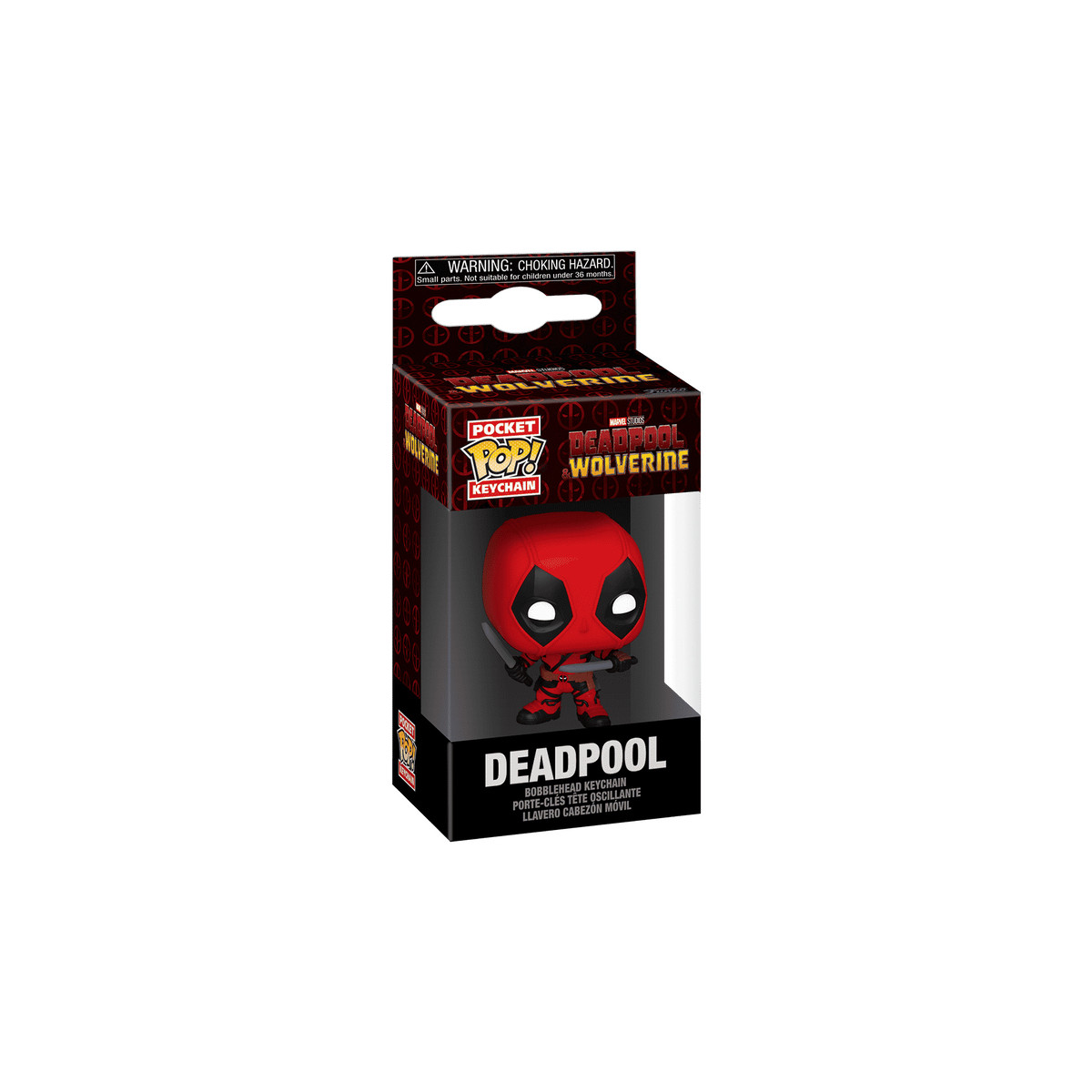 Figura llavero de Deadpool en su caja, con advertencia de peligro de asfixia.