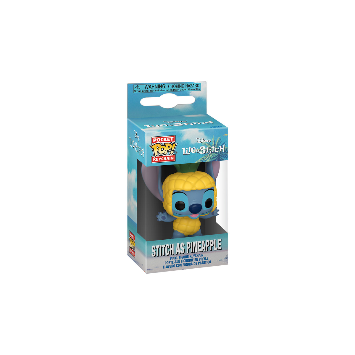 Stitch als Ananas-Schlüsselanhänger in einer Box. Oben ist eine Warnung vor Erstickungsgefahr.
