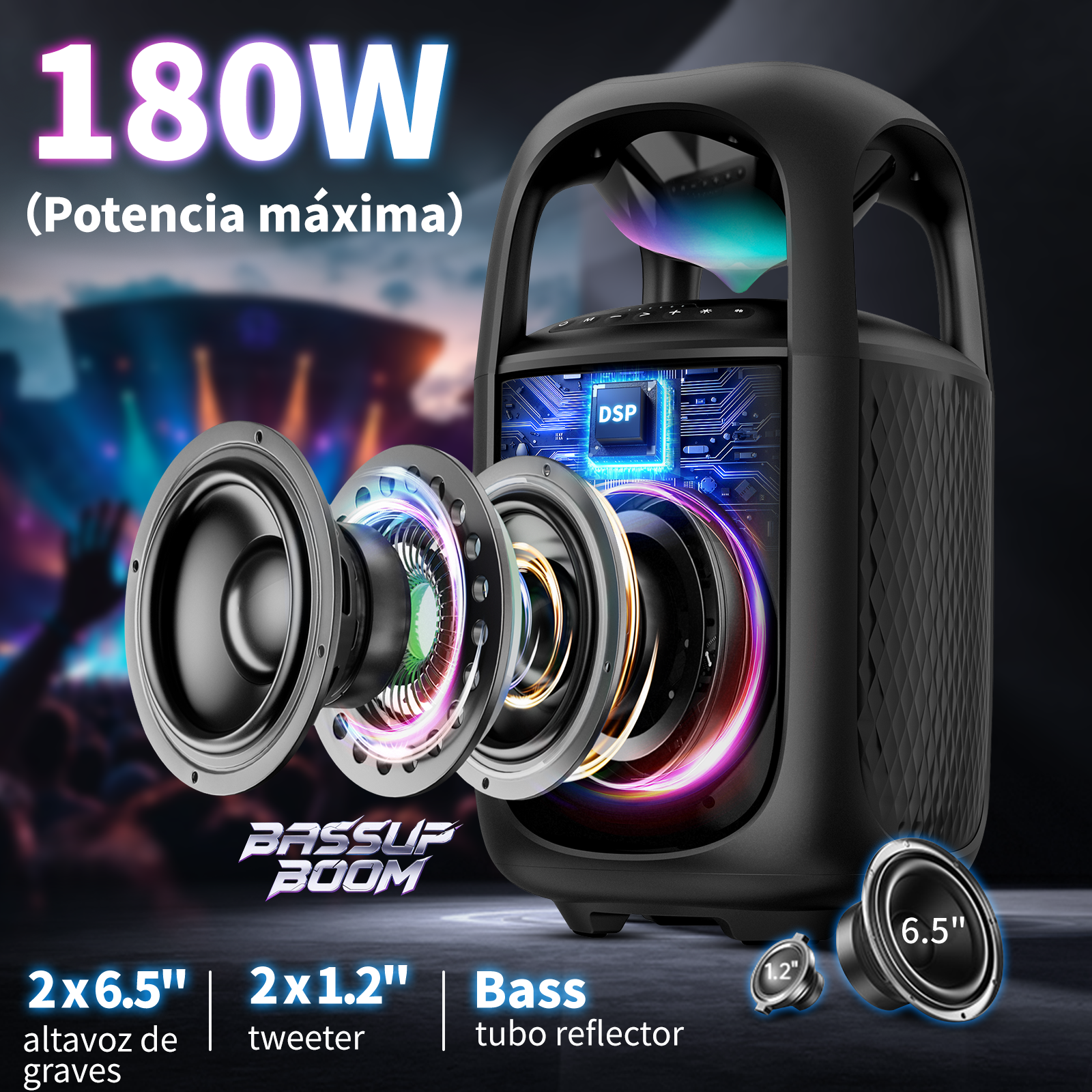 Altavoz negro de 180W mostrando DSP, woofer y tweeter. Fondo de concierto.
