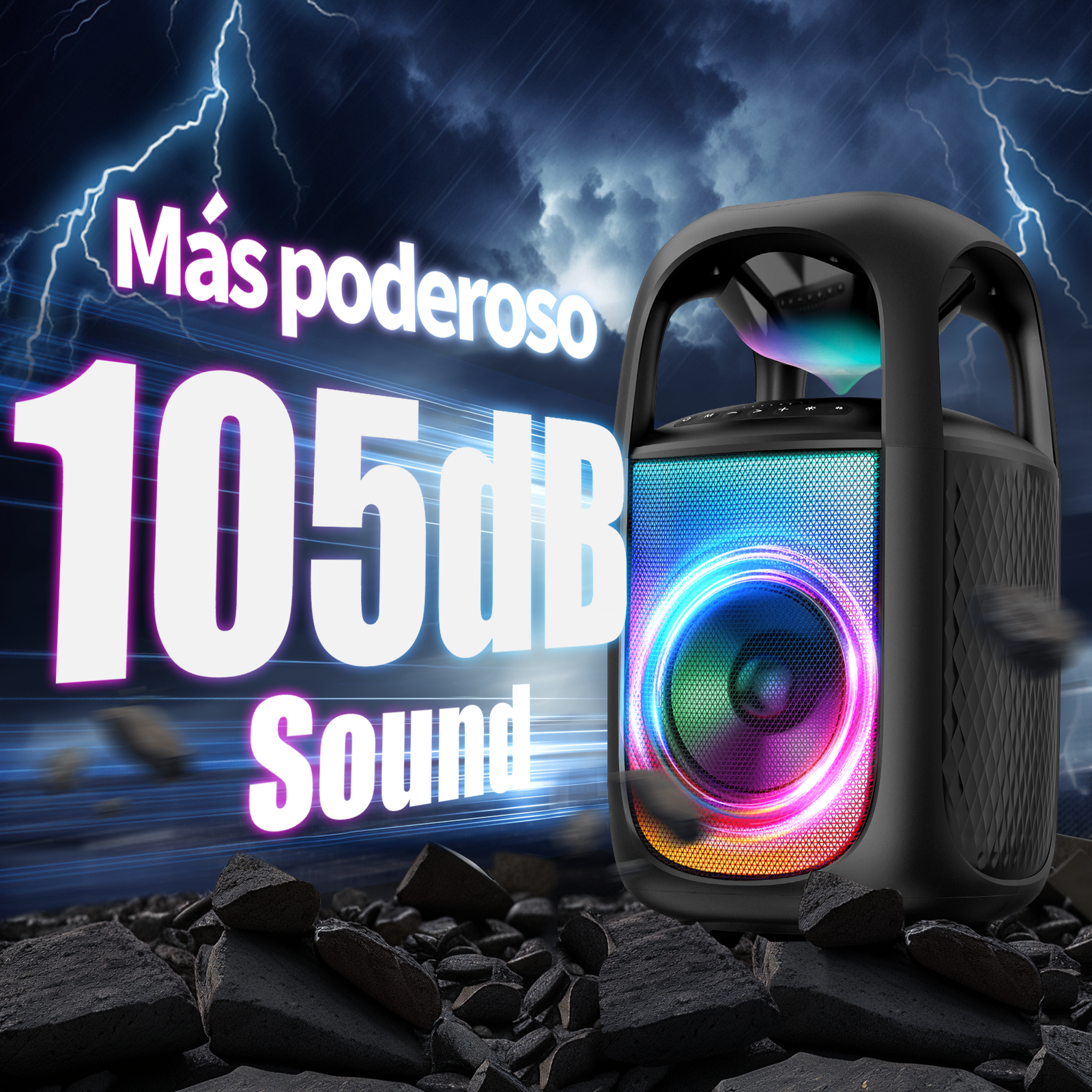 Altavoz negro con luces de colores, sonido de 105dB, truenos y rocas.