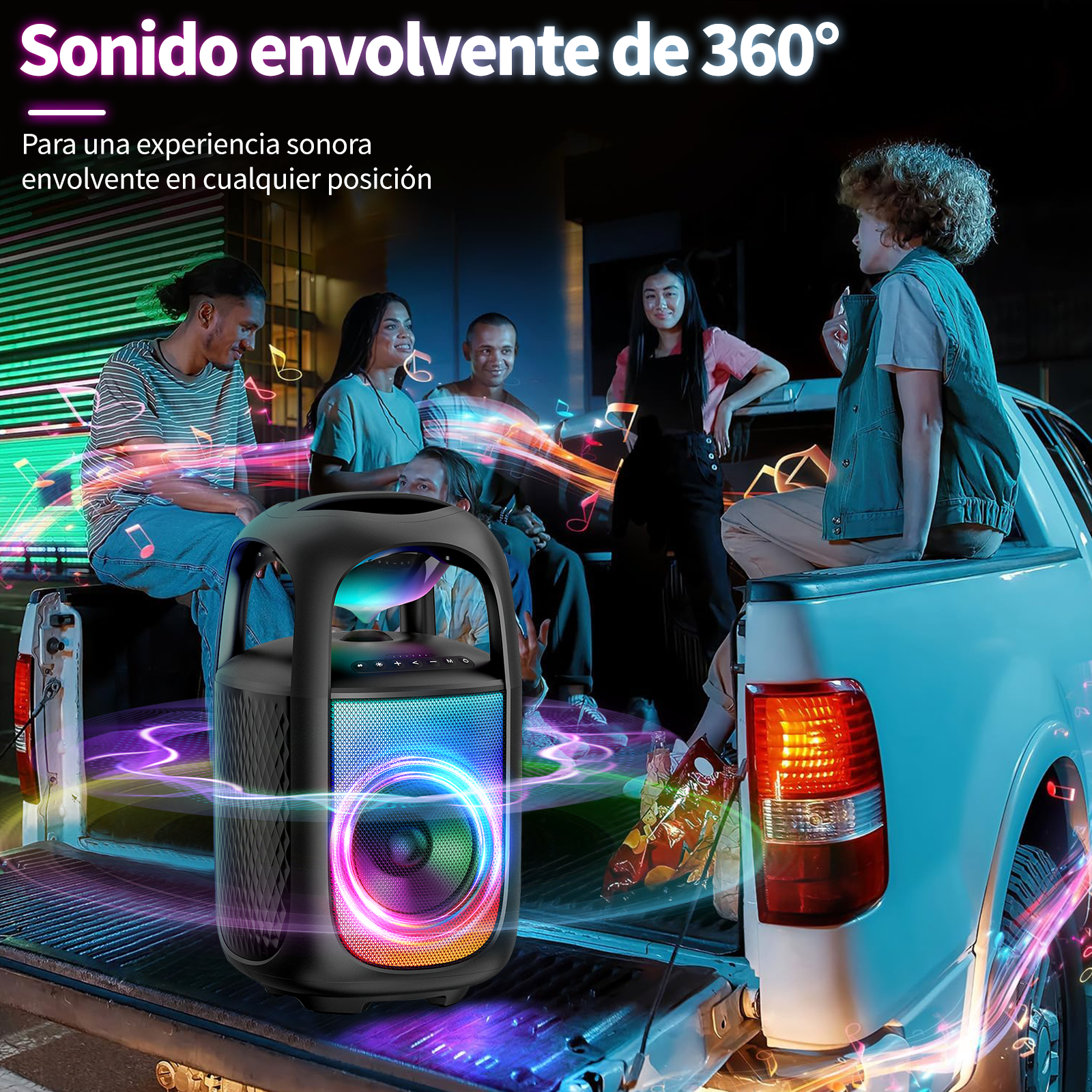 Amigos disfrutan música de un altavoz iluminado en la parte trasera de una camioneta.