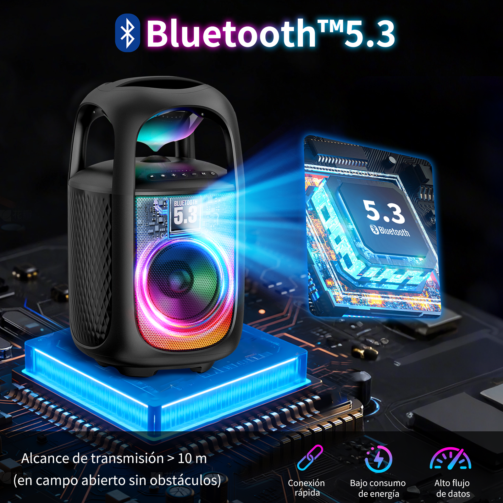 Un altavoz Bluetooth negro con luces de colores y logo Bluetooth 5.3.