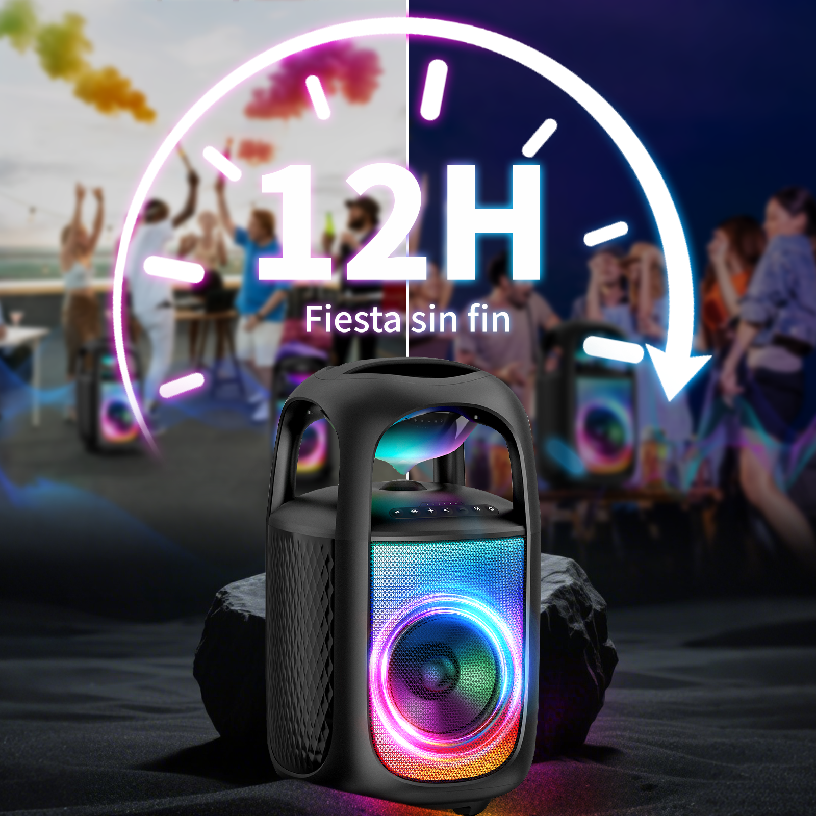Altavoz negro con luces de colores, gente de fiesta al fondo.