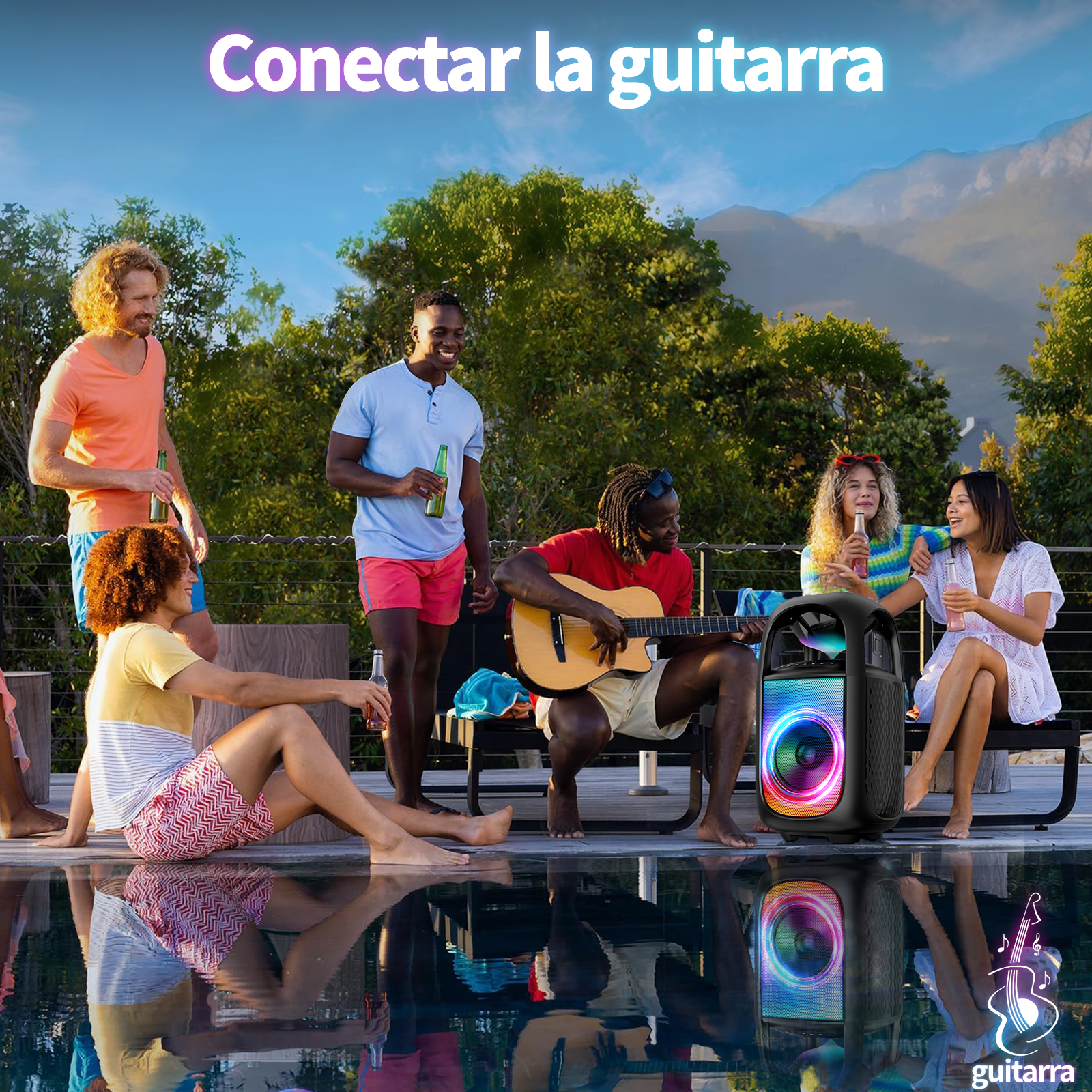 Grupo de amigos celebrando junto a una piscina con música y bebidas.