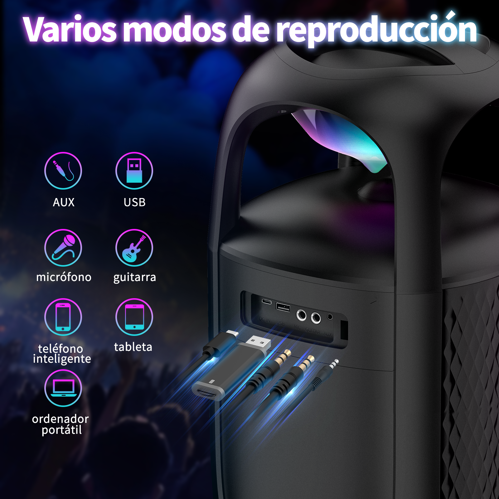 Un altavoz negro que muestra varios modos de entrada: AUX, USB, micrófono, guitarra, teléfono y portátil.