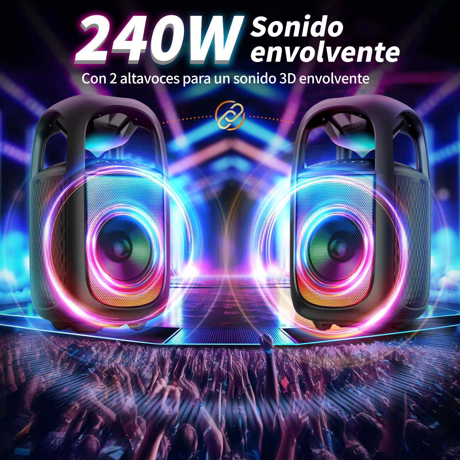 Dos altavoces brillantes con luces de colores ante una multitud vitoreando.