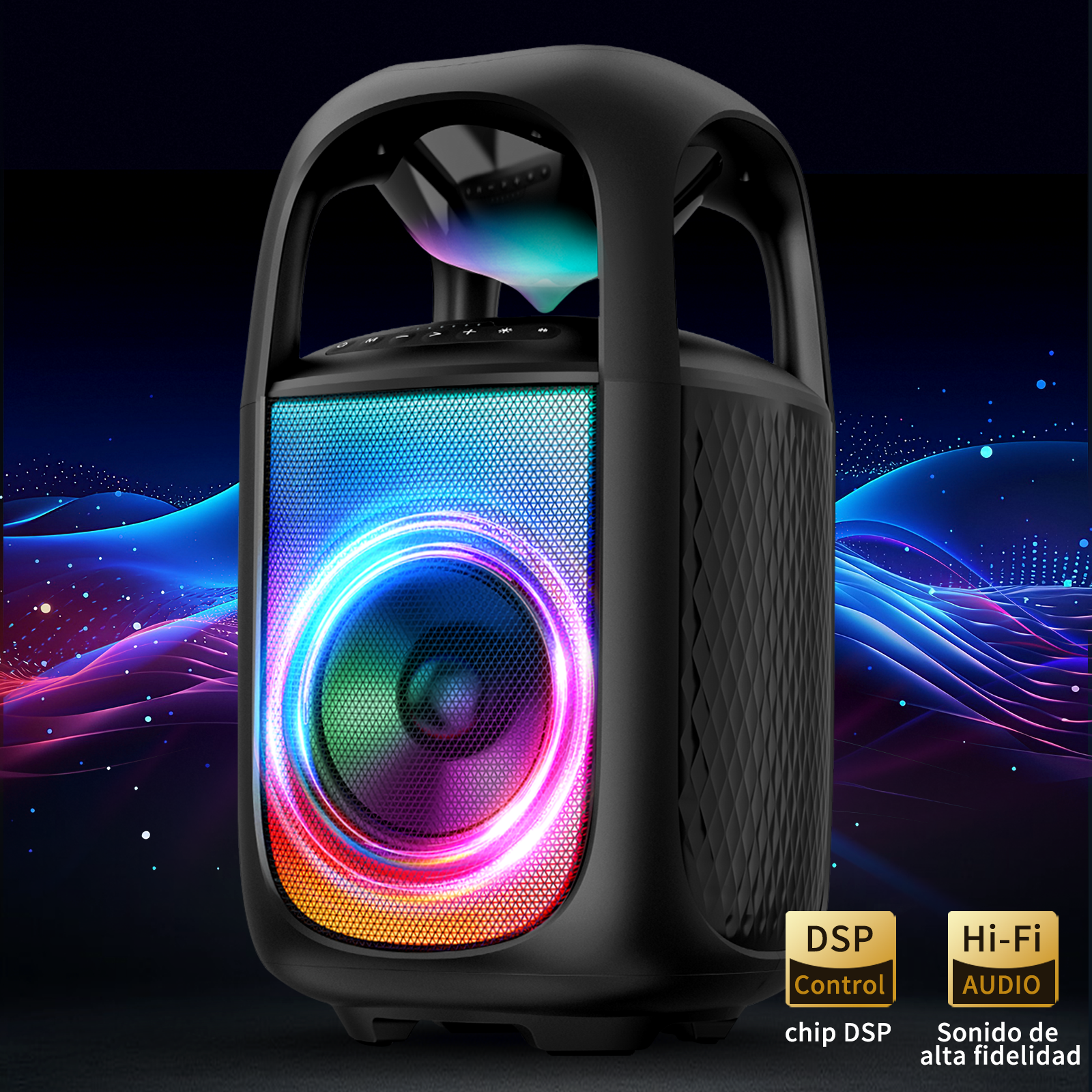 Altavoz negro con luces de colores y asa.