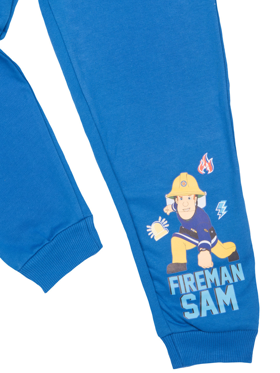 Blaue Hose mit Feuerwehrmann Sam Aufdruck, Flammen und Blitz.
