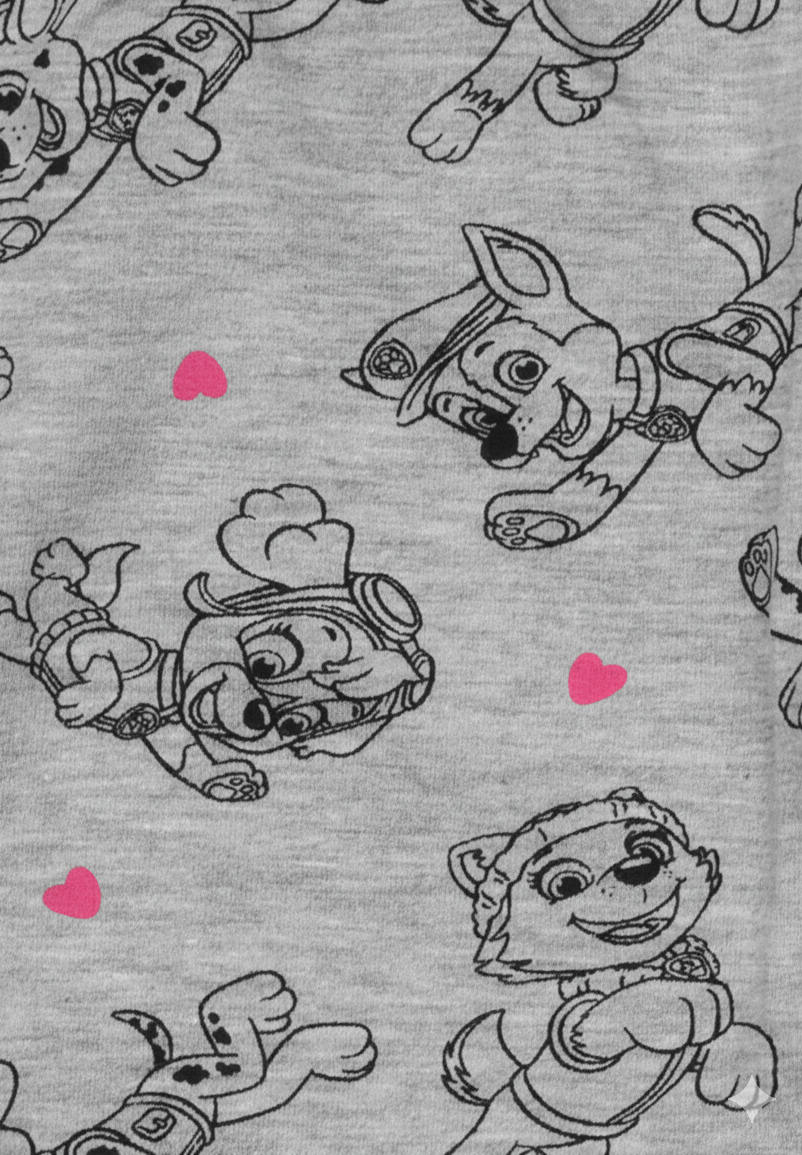 Grauer Stoff mit schwarzen Paw Patrol-Hunden und rosa Herzen.