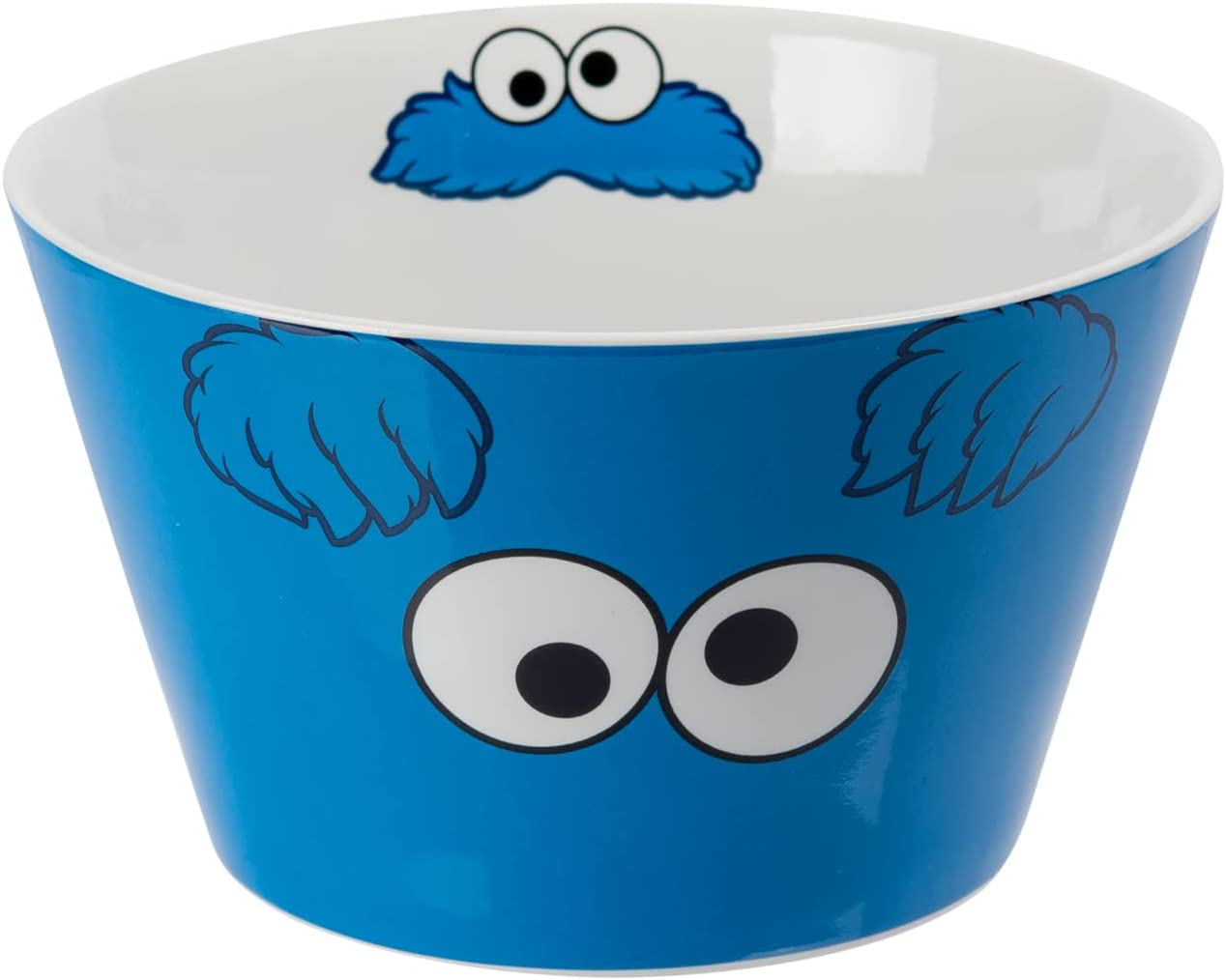Blauer Becher mit Cookie Monster Motiv, Augen und Händen.