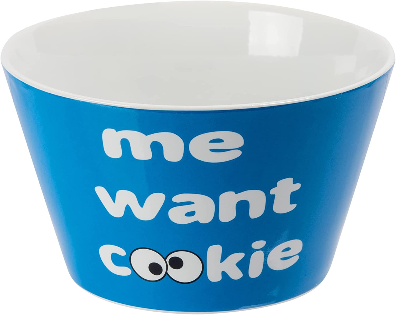Eine blaue Schüssel mit weißer Schrift 'me want cookie' und Augen.