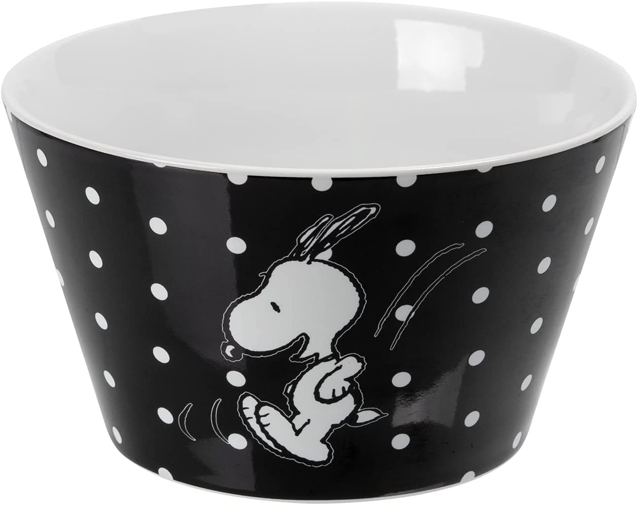 Schwarze Schüssel mit weißen Punkten und Snoopy-Motiv.