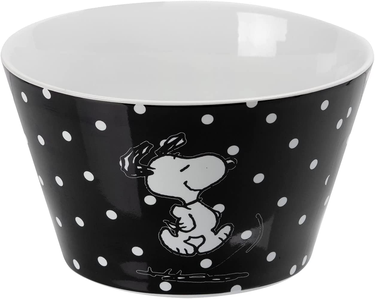 Schwarze Schüssel mit weißen Punkten und Snoopy-Aufdruck.