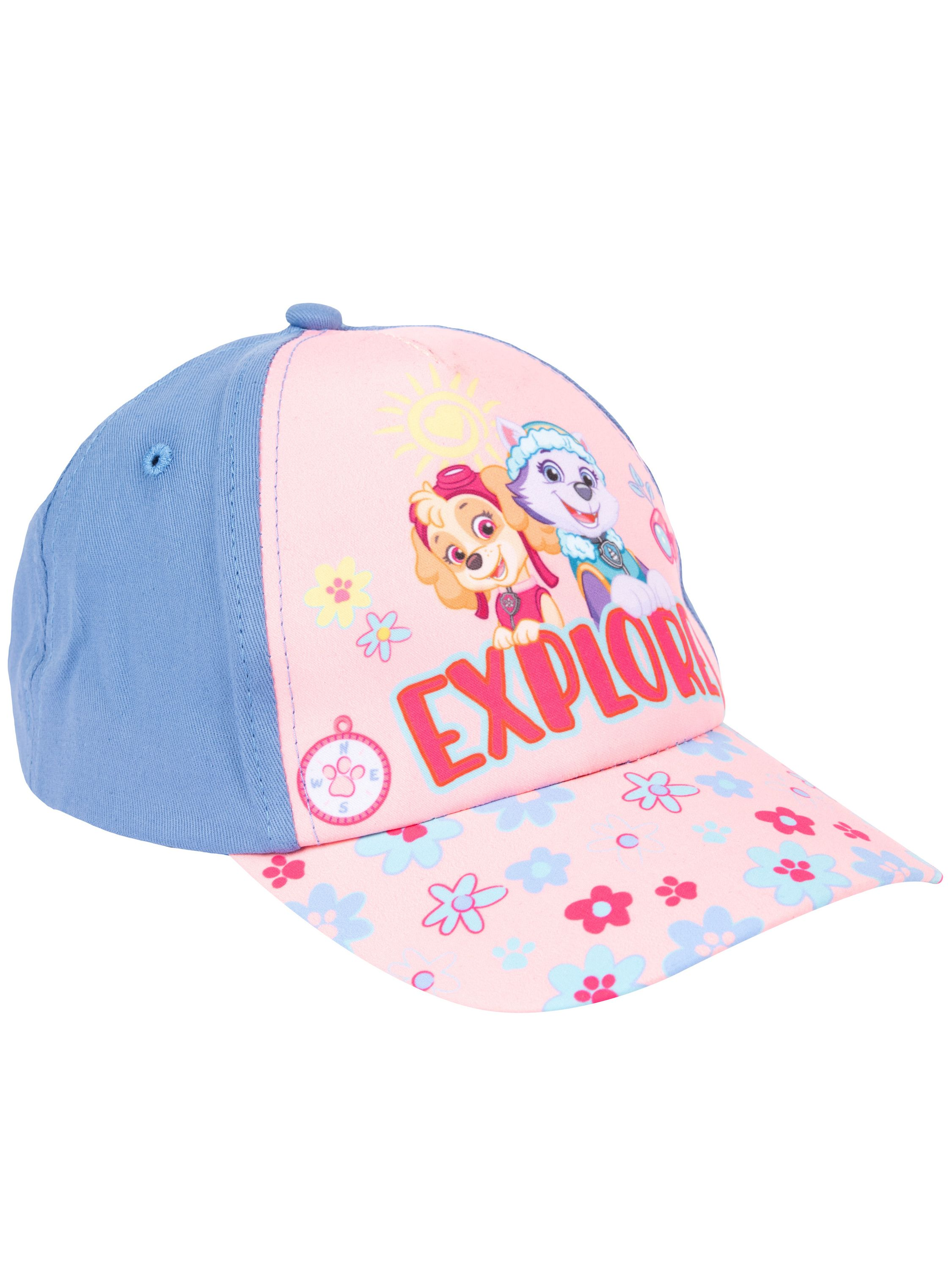Eine rosa Kappe mit blauen Seiten und Blumenmuster. Zwei Hunde und Schriftzug.