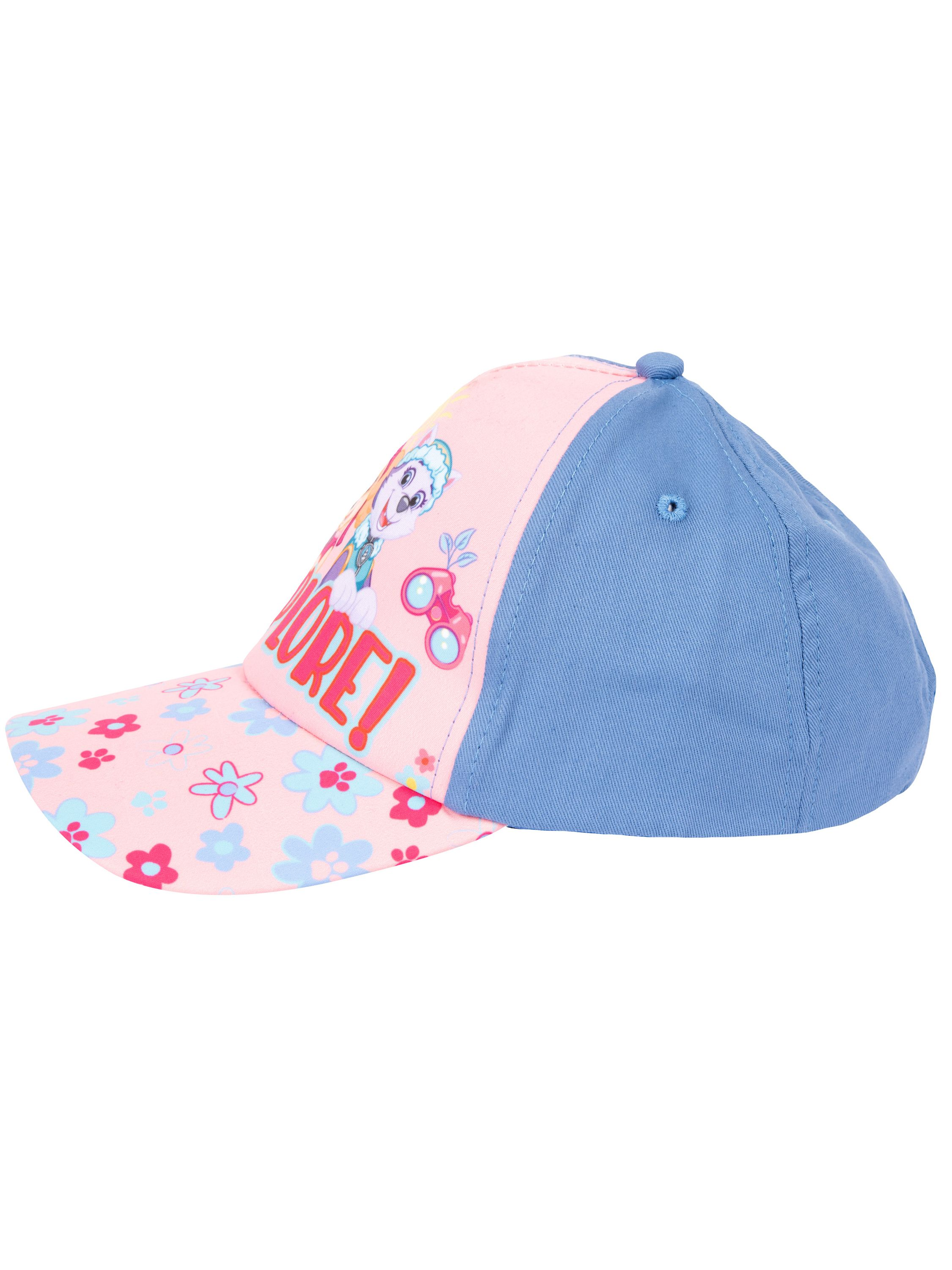 Eine pinke Kappe mit Blumenmuster und blauer Rückseite.