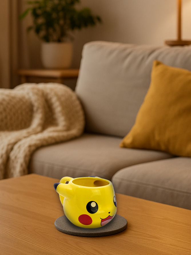 Gelbe Pikachu-Tasse auf einem Tisch vor einem Sofa.