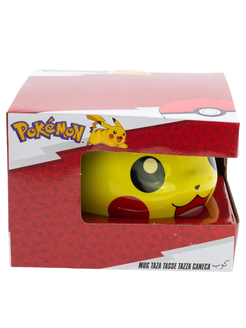 Gelbe Pikachu-Tasse in Pokémon-Verpackung mit roten Akzenten.