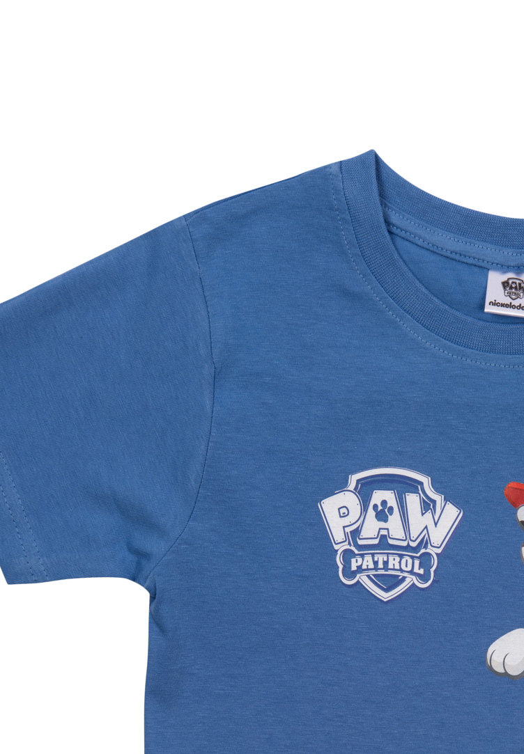 Blaues T-Shirt mit Paw Patrol Logo und Nickelodeon-Etikett.