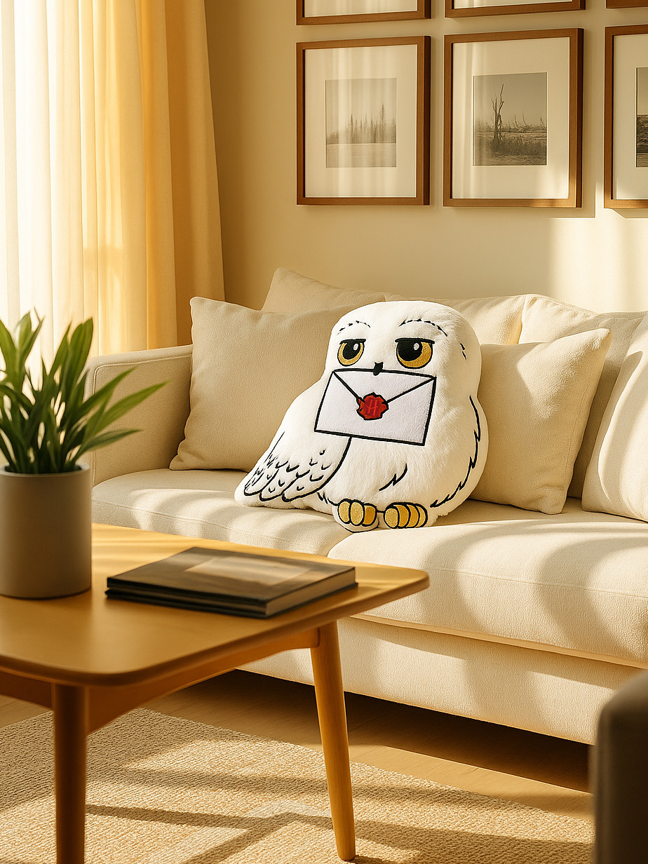 Ein weiches Spielzeug einer Eule mit Brief sitzt auf einem Sofa neben Kissen.