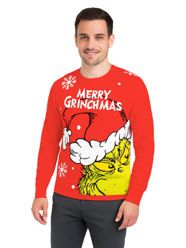 Ein Mann trägt einen roten Pullover mit dem Grinch und Schneeflocken.