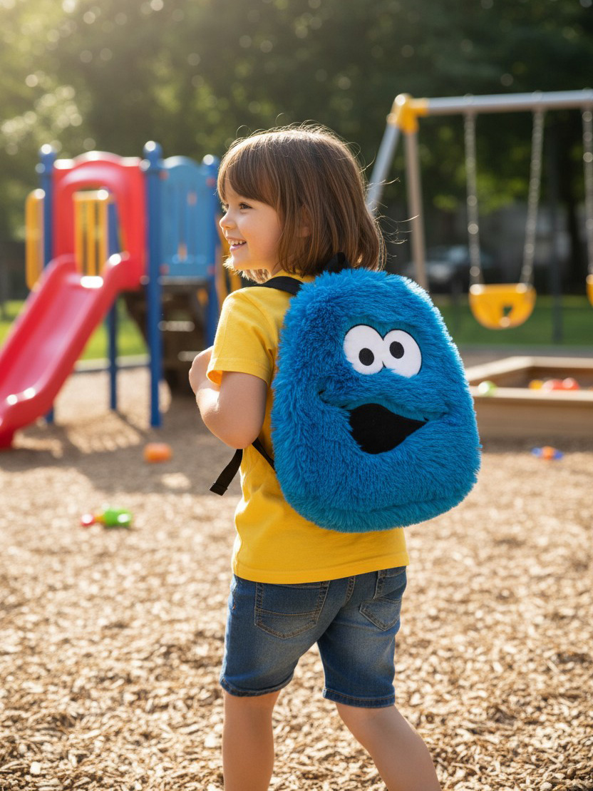 Ein Kind mit gelbem T-Shirt und Jean-Shorts trägt einen blauen Cookie Monster Rucksack.