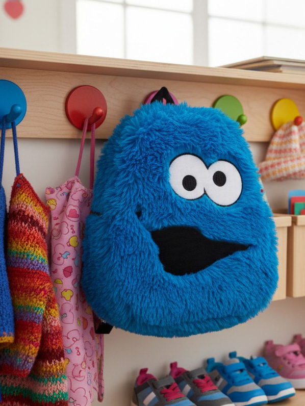 Ein blauer, pelziger Krümelmonster-Plüsch hängt an einer hölzernen Garderobe mit bunten Gegenständen.