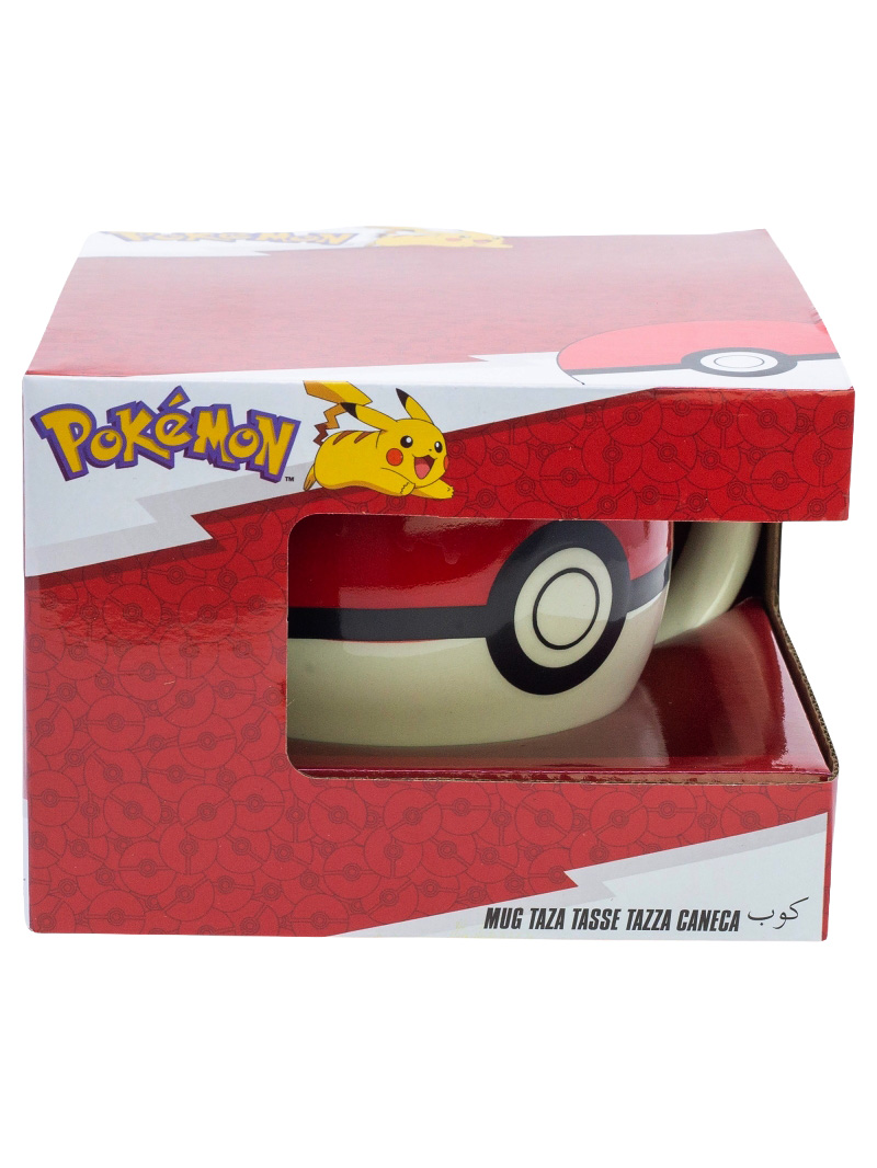 Verpackung einer Pokémon-Tasse in Pokéball-Design mit Pikachu-Grafik.
