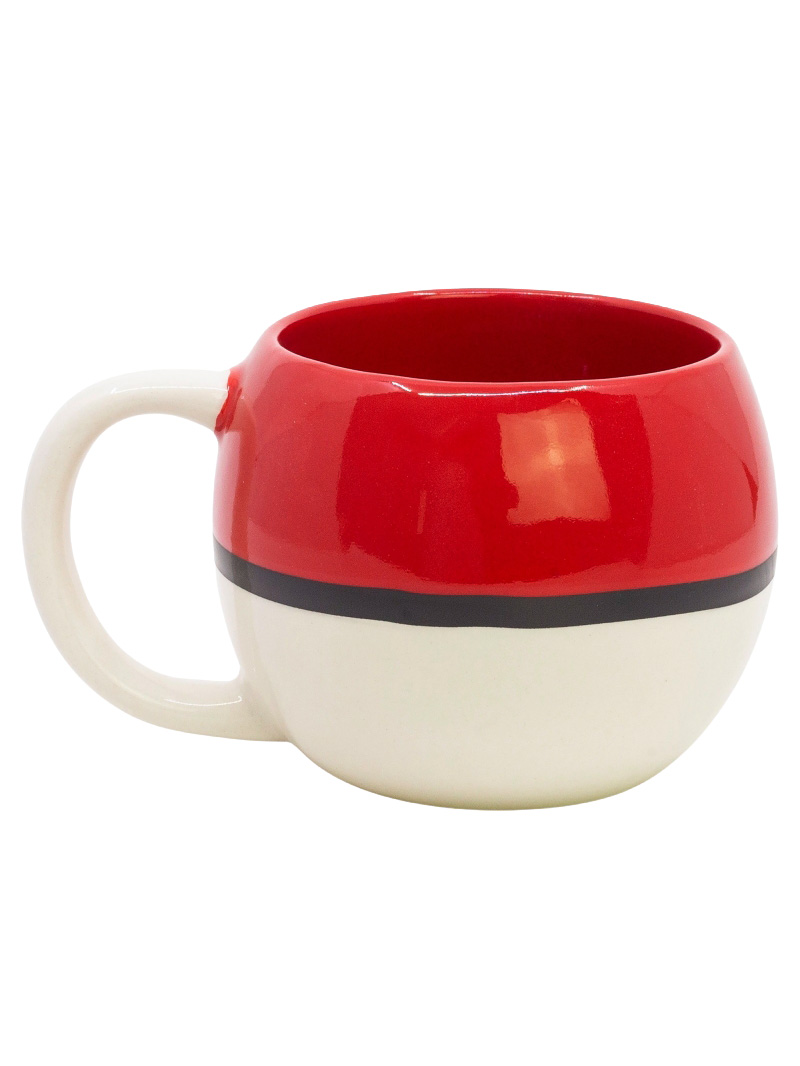 Eine rote und weiße Tasse mit schwarzem Streifen, ähnlich einem Pokeball.