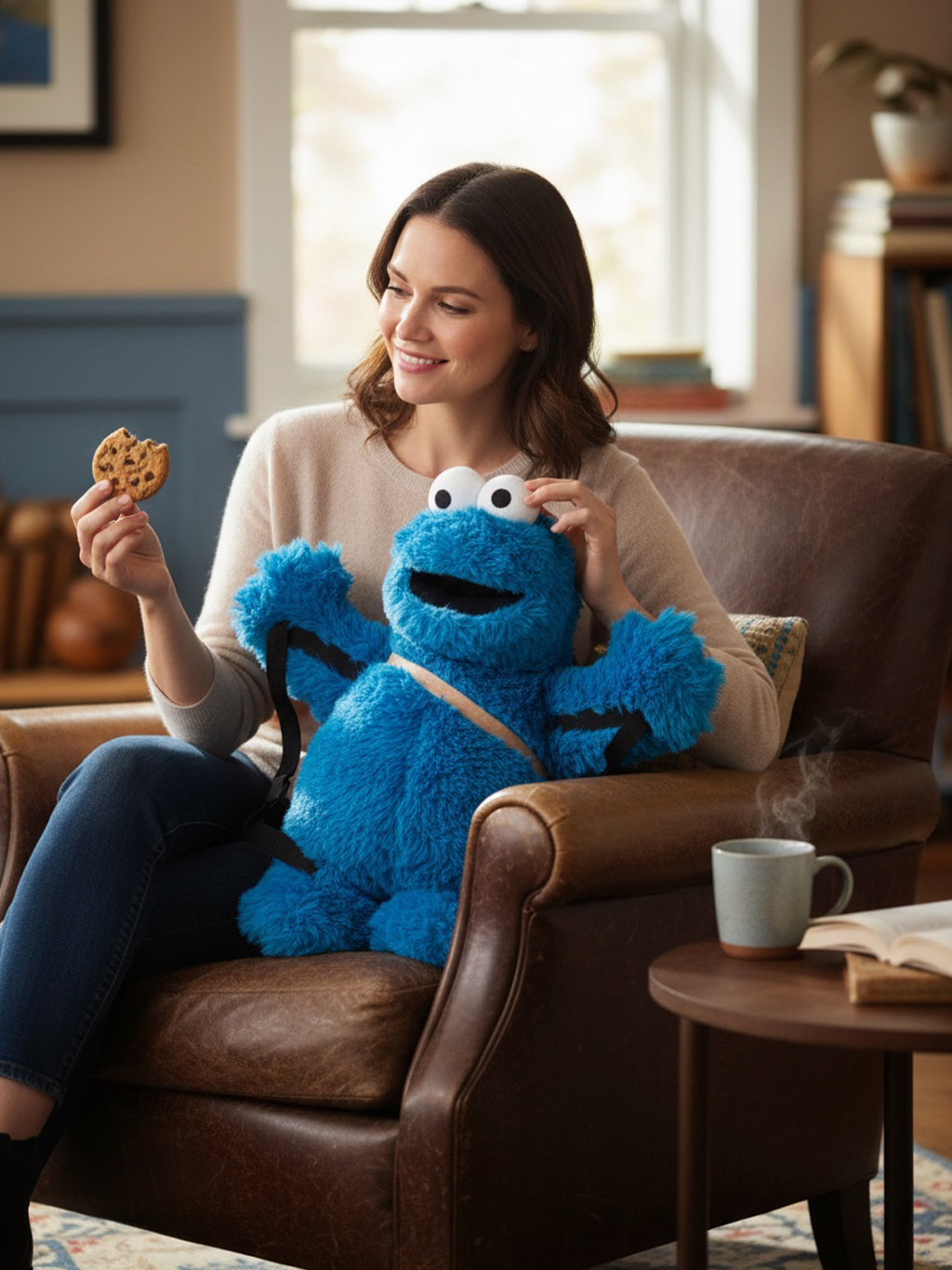 Eine Frau sitzt in einem Ledersessel und hält eine Krümelmonster-Puppe und einen Keks.