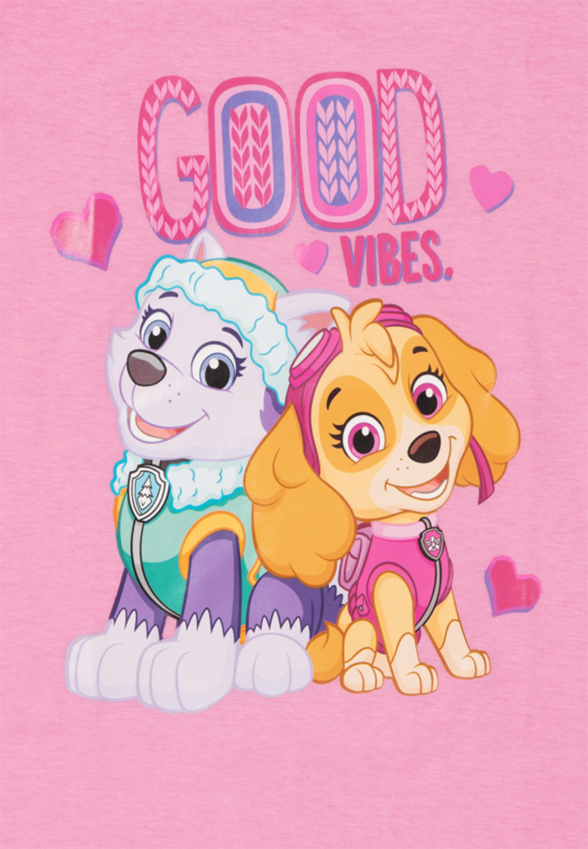 Zwei Zeichentrickhunde, Everest und Skye von Paw Patrol, sitzen auf pinkem Hintergrund mit Text "GOOD VIBES".