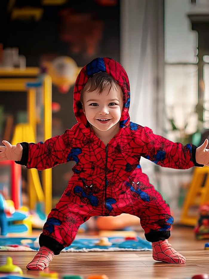 Ein lächelndes Kind in einem Spiderman-Pyjama steht in einem Spielzimmer.