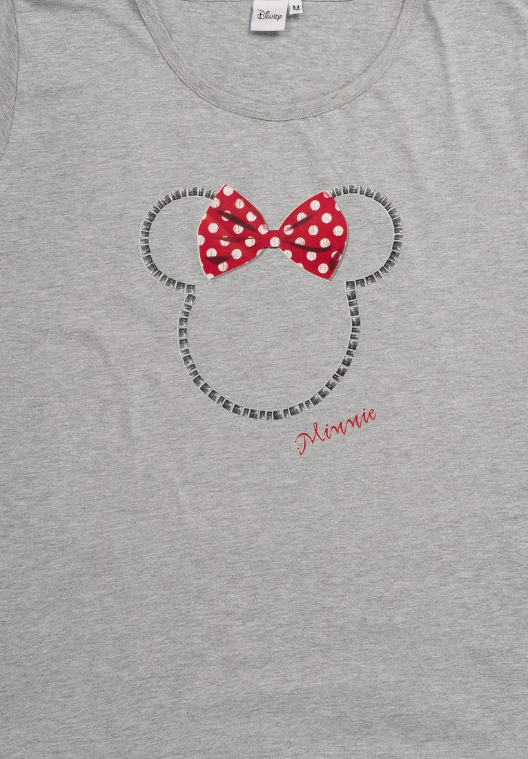 Graues T-Shirt mit Maus-Ohr-Design, roter Schleife und dem Wort Minnie.