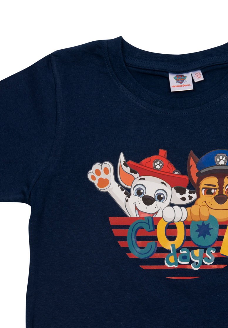 Dunkelblaues T-Shirt mit Paw Patrol-Motiv: Marshall und Chase. "Cool Days" Schriftzug.