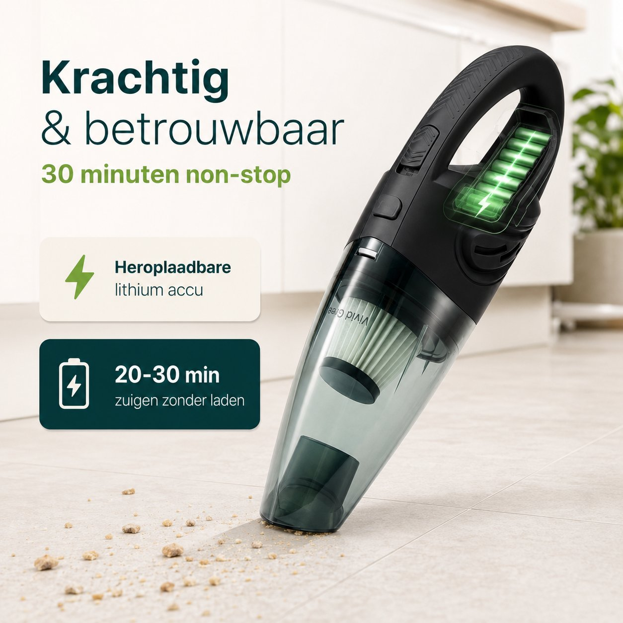 Black handheld vacuum cleaner with dust on the floor. Charging indicator and battery info.