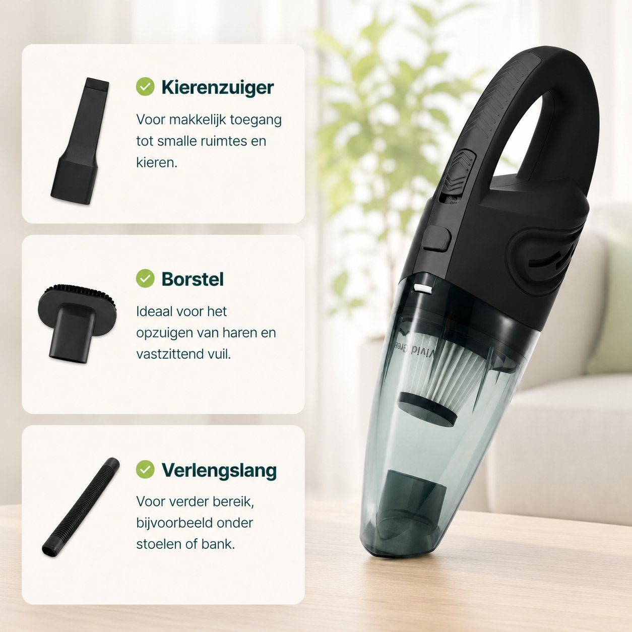 Black handheld vacuum with attachments: crevice tool, brush, extension hose.