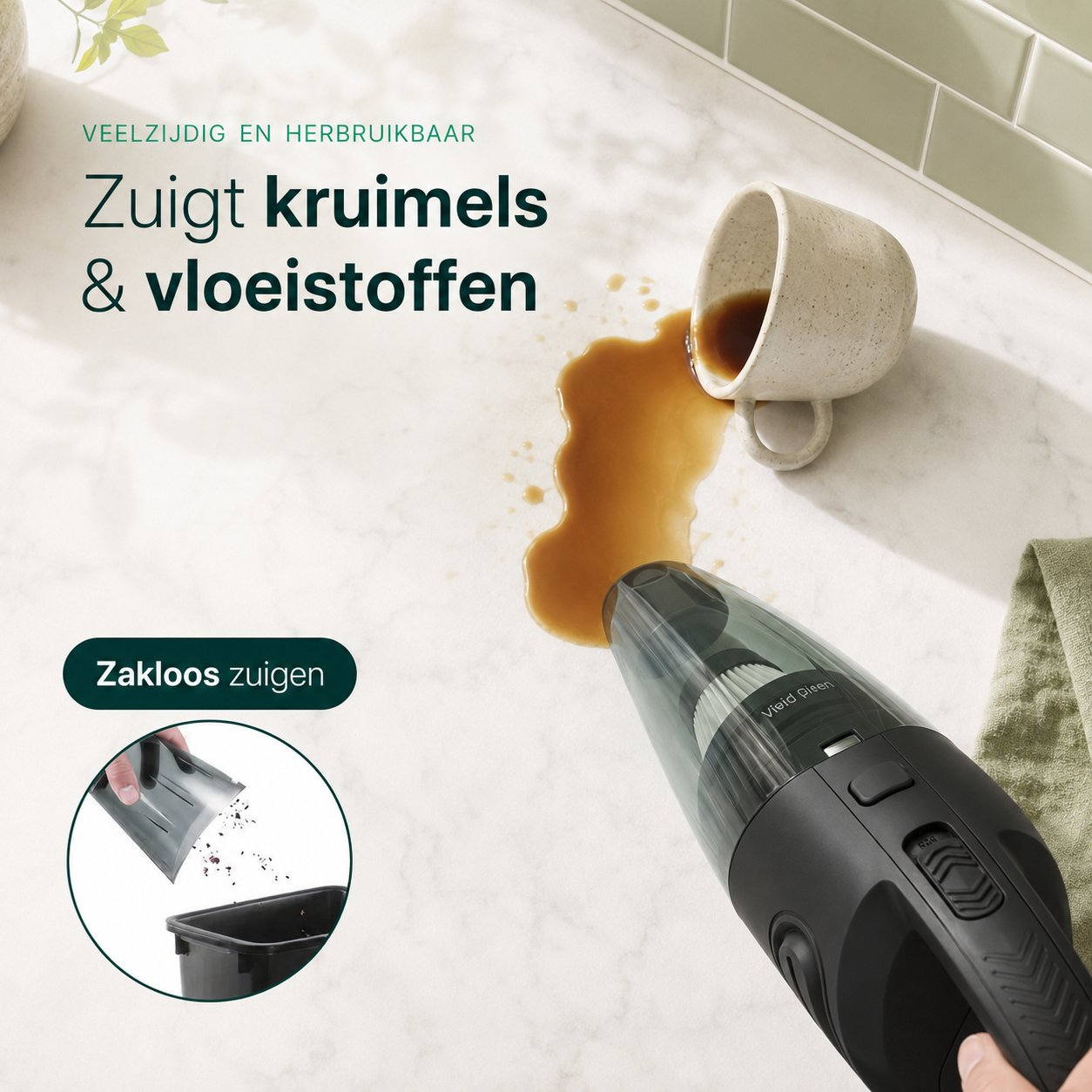 A black handheld vacuum cleans spilled coffee from a marble countertop. Crumbs are shown being vacuumed into a dustpan.
