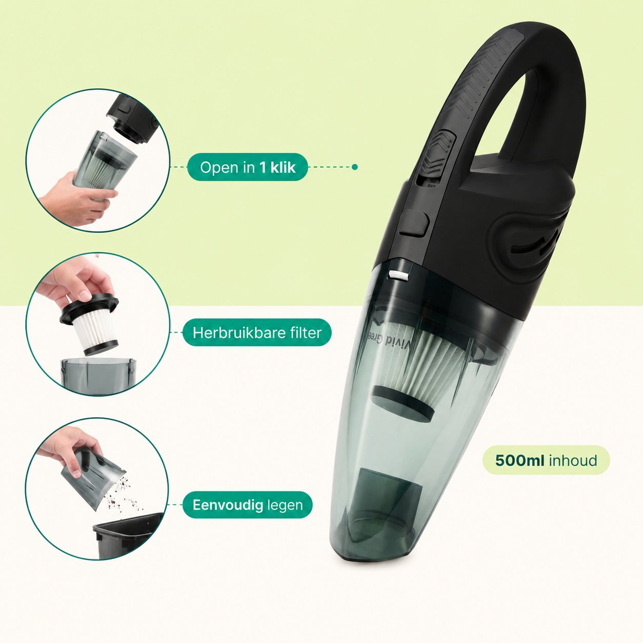 Black handheld vacuum cleaner with transparent bin, filter, and emptying shown.