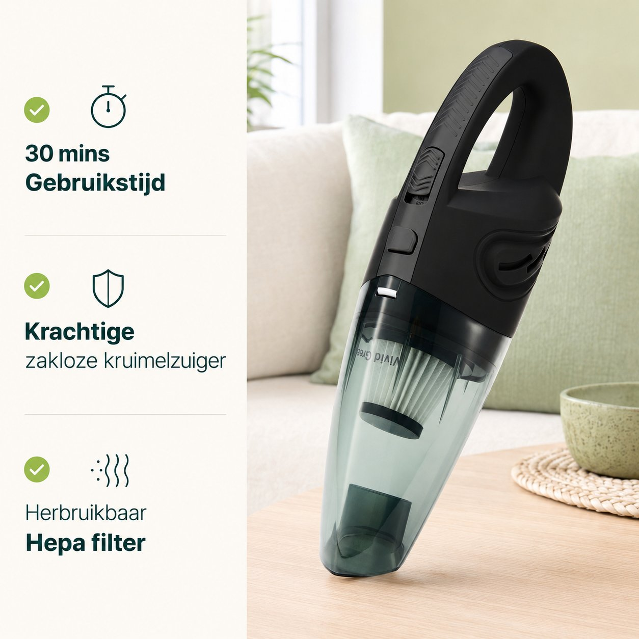 Black handheld vacuum cleaner with a transparent dustbin on a wooden table.