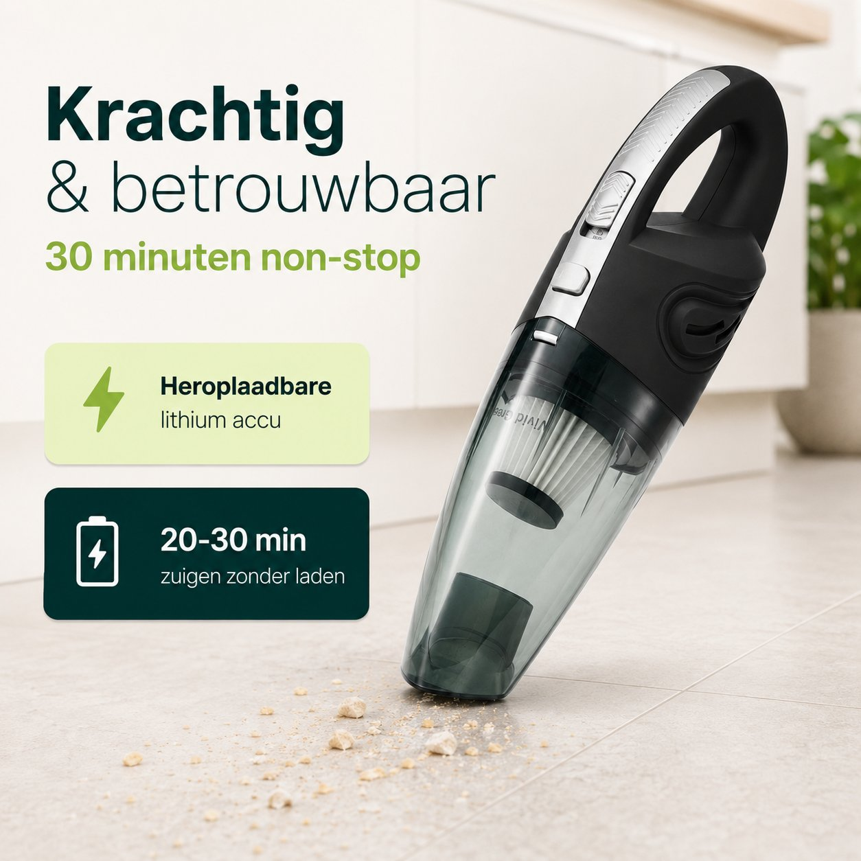 A black handheld vacuum cleaner on a tiled floor with crumbs.