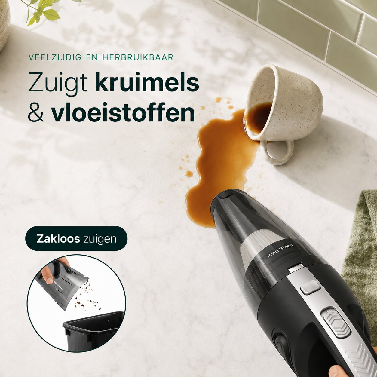 A handheld black vacuum cleaner sucks up spilled coffee on a countertop.