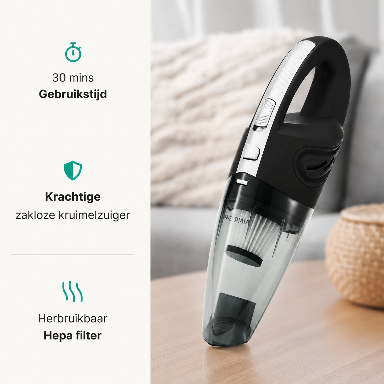 Black handheld vacuum cleaner with transparent dustbin on a wooden table.